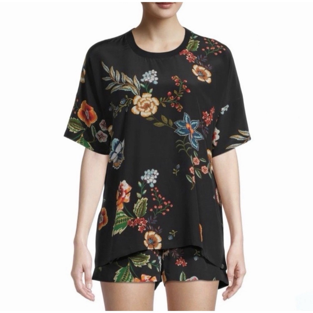 Johnny Was 100% Silk 2 Piece Set Women's Small Floral Top Shorts Black Boho